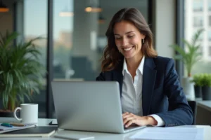 Femme en blazer bleu souriante au bureau pour l'article