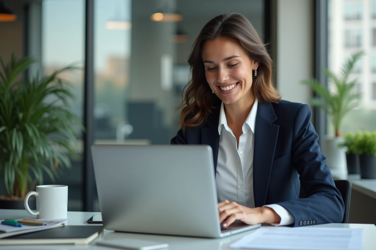 Femme en blazer bleu souriante au bureau pour l'article