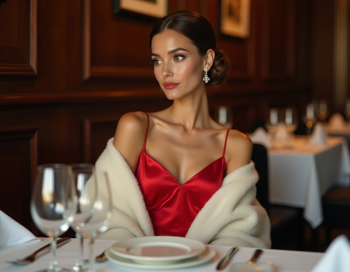 Femme en robe de soirée rouge portant une étole en cachemire ivoire dans un restaurant élégant