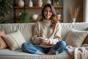 Jeune femme souriante dans un salon cosy et moderne