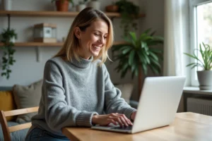 Femme souriante dans un bureau maison moderne et cosy