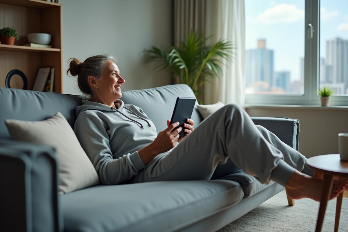 Femme souriante regardant une retransmission sportive sur sa tablette