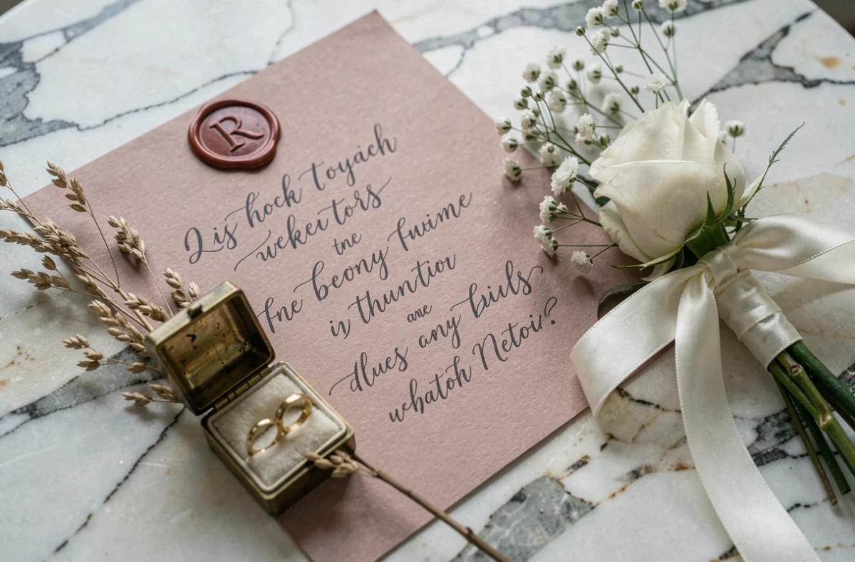 Flat lay mariage avec faire-part calligraphié, alliances dorées, boutonnière de roses blanches et gypsophile sur marbre