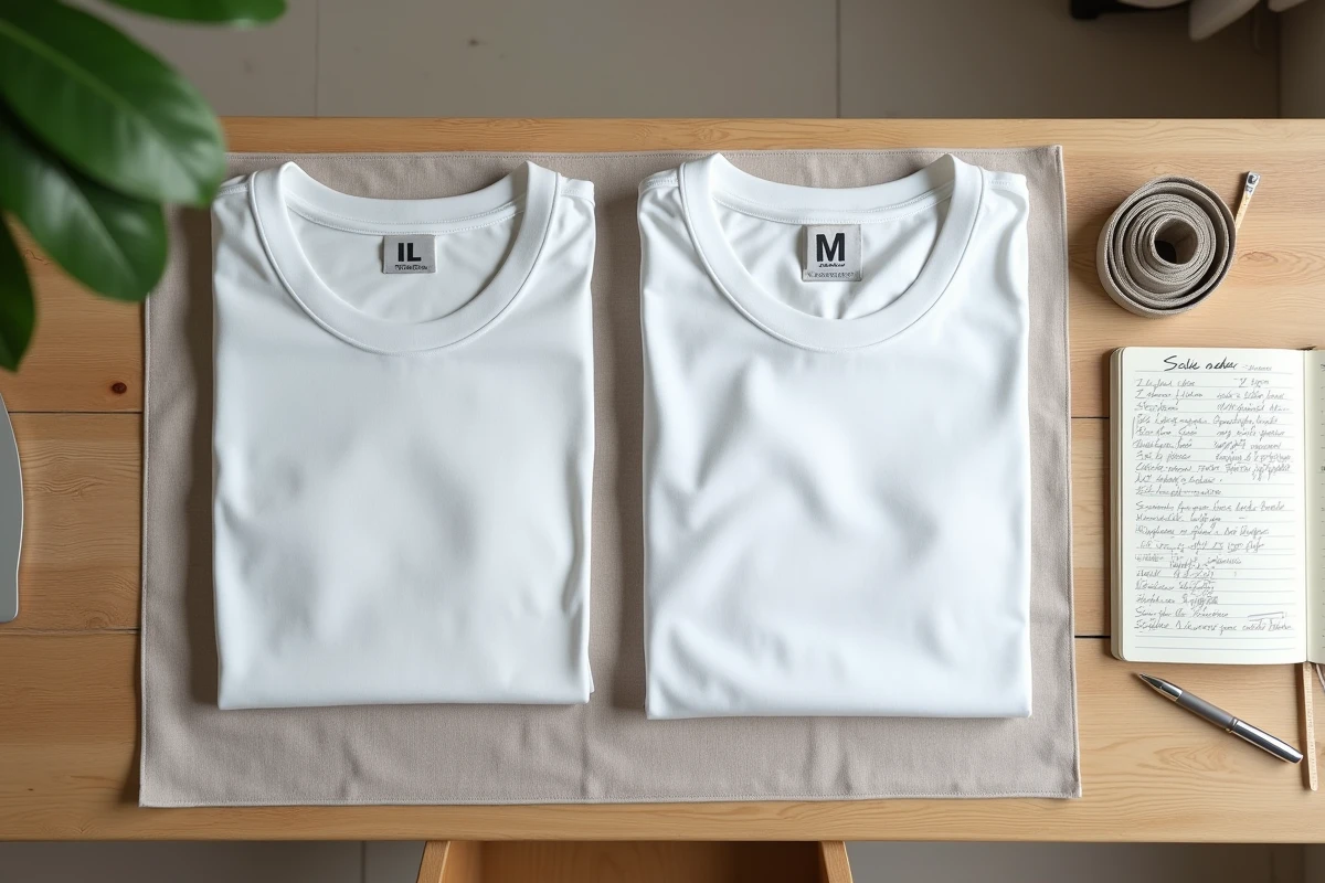 Vue de dessus d'un guide de tailles L et M avec des t-shirts pliés et un mètre ruban sur une table en bois
