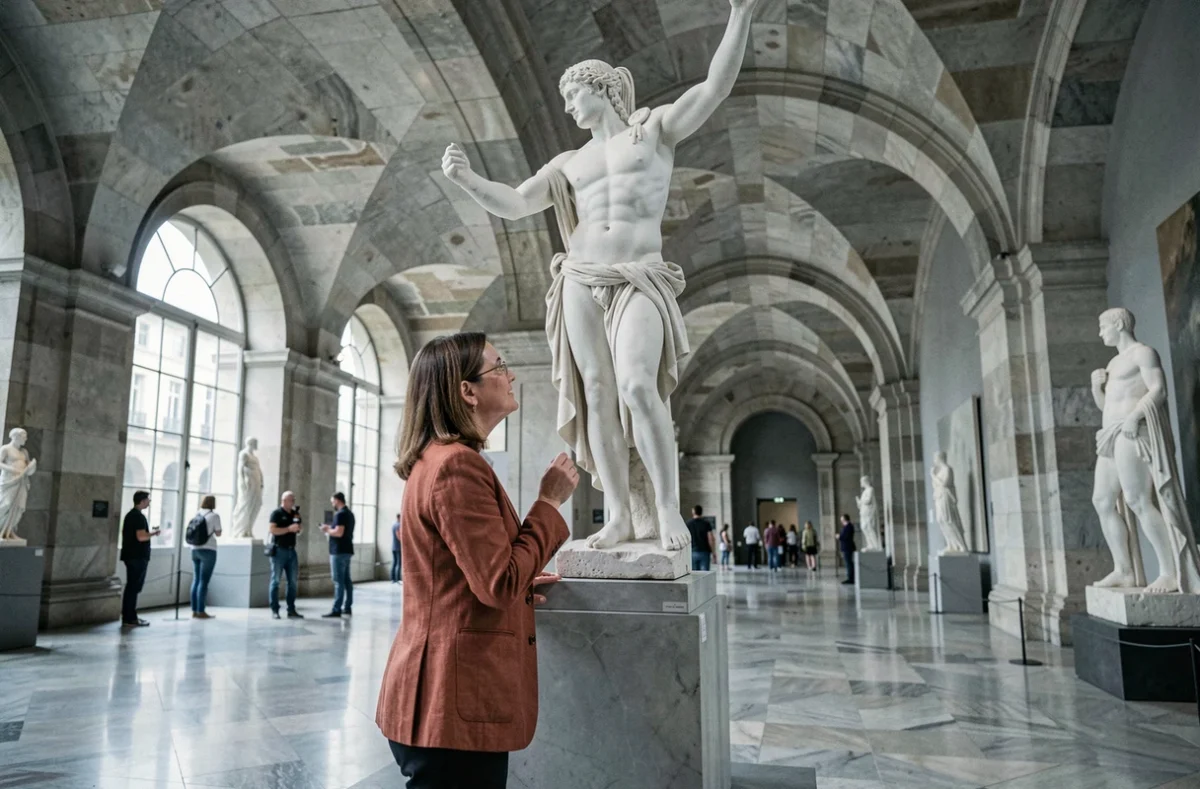 Historienne de l'art examinant une sculpture grecque antique de guerrier au musée du Louvre