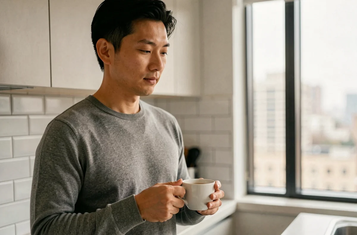 Homme d'origine asiatique imberbe dans une cuisine moderne, représentant les facteurs génétiques influençant la pousse de la barbe