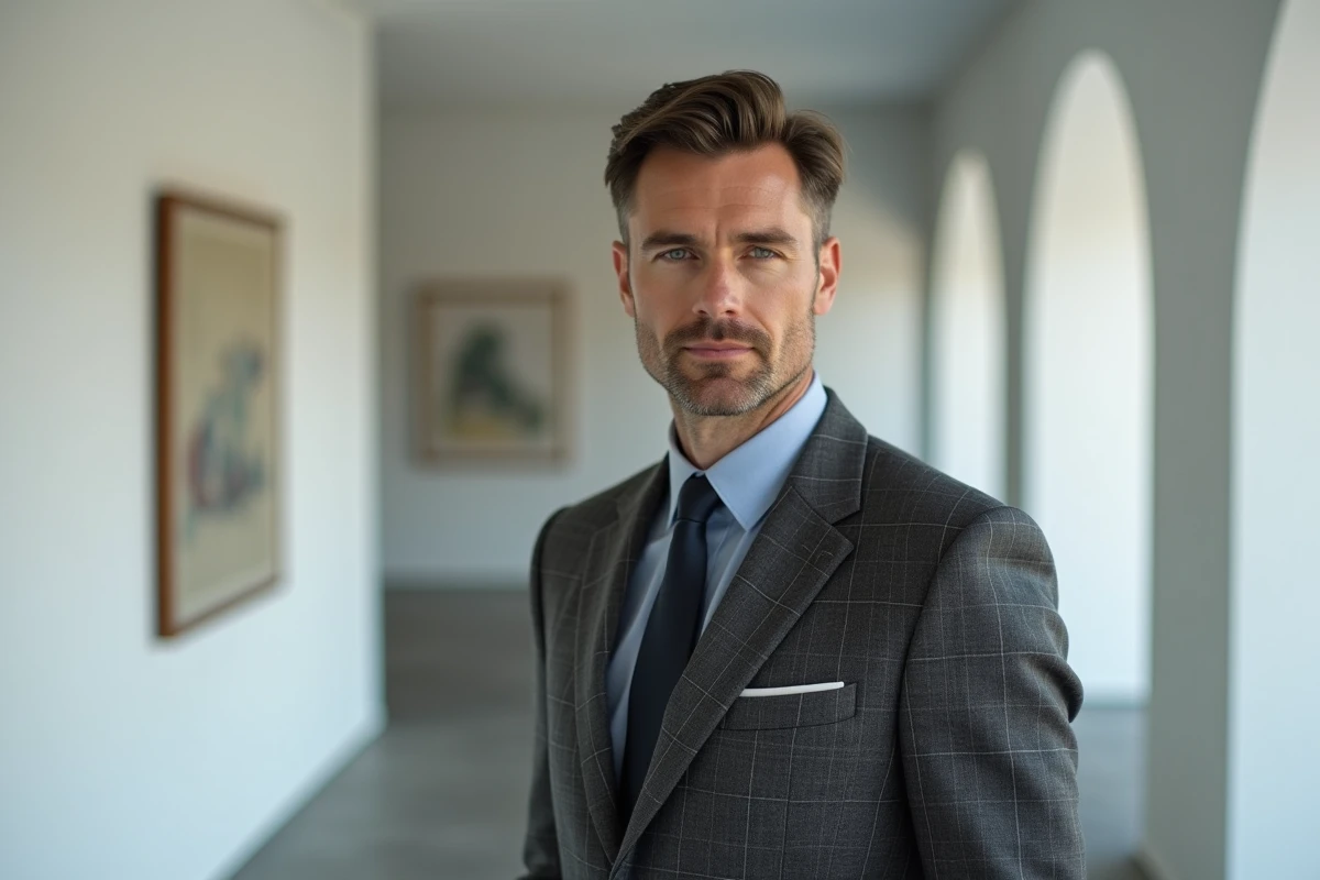 Homme en costume gris sur mesure dans un intérieur minimaliste, portrait élégant illustrant le classement des plus beaux hommes du monde en 2026