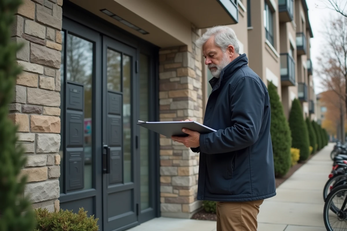 Homme regardant les boîtes aux lettres devant un immeuble résidentiel
