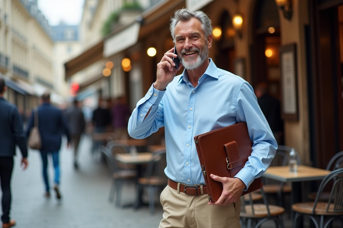 Homme parlant au téléphone devant un café parisien