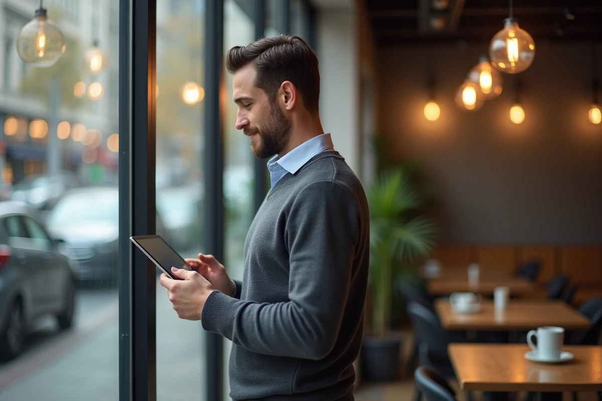 Homme dans un café regardant des offres d emploi sur sa tablette