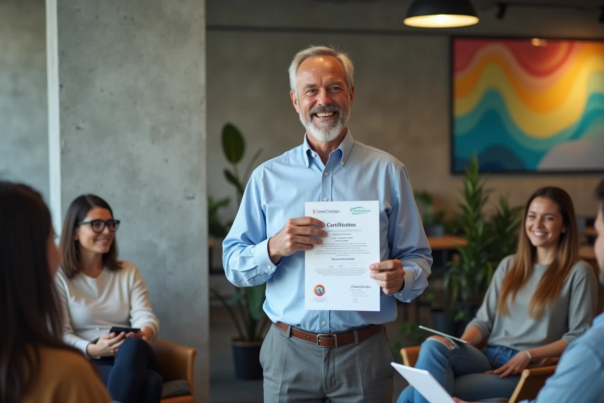 Homme présentant sa certification dans un espace moderne