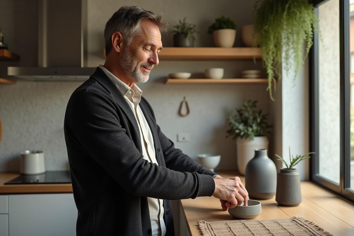 Homme arrangeant des objets decoratifs sur une étagère