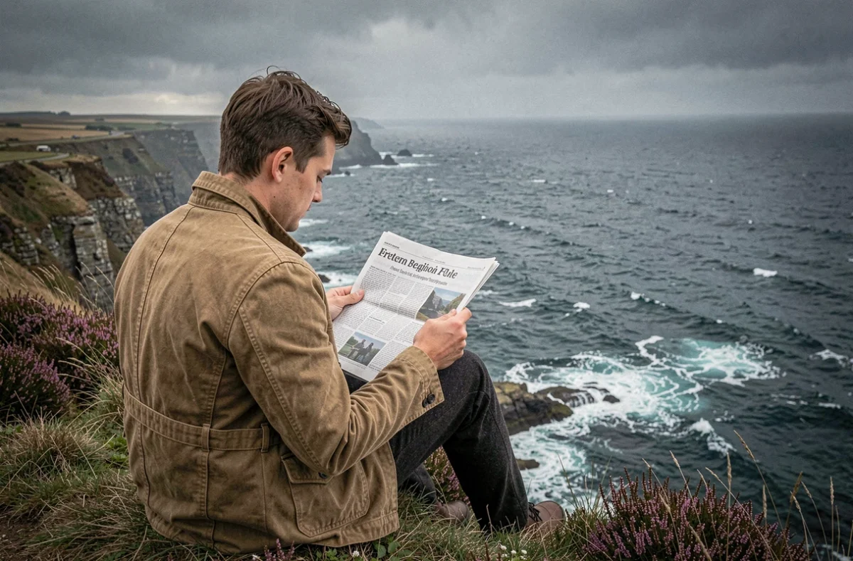 Jeune homme lisant un journal breton assis sur une falaise face à la mer en Bretagne