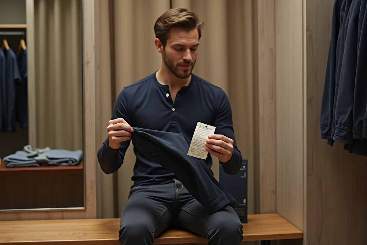 Homme lisant le guide des tailles sur l'étiquette d'un pantalon dans une cabine d'essayage épurée