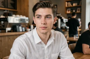 Jeune homme imberbe à la peau lisse assis dans un café moderne, illustrant les raisons naturelles de l'absence de barbe