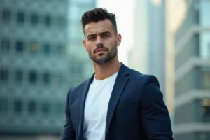 Portrait d'un homme séduisant et élégant dans un environnement urbain moderne, potentiel candidat au titre d'homme le plus beau du monde