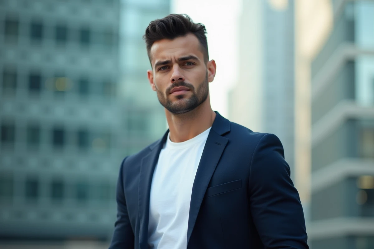 Portrait d'un homme séduisant et élégant dans un environnement urbain moderne, potentiel candidat au titre d'homme le plus beau du monde