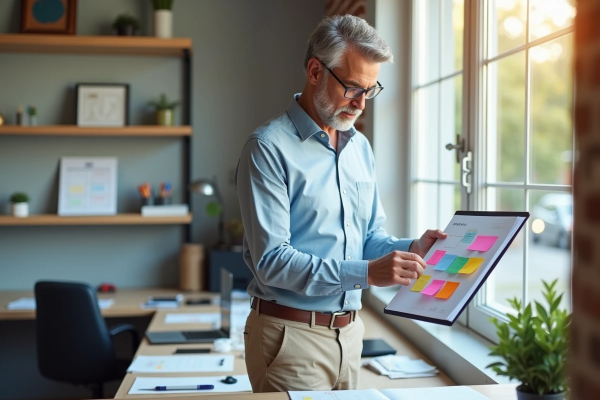 Homme arrangeant des notes dans un bureau moderne