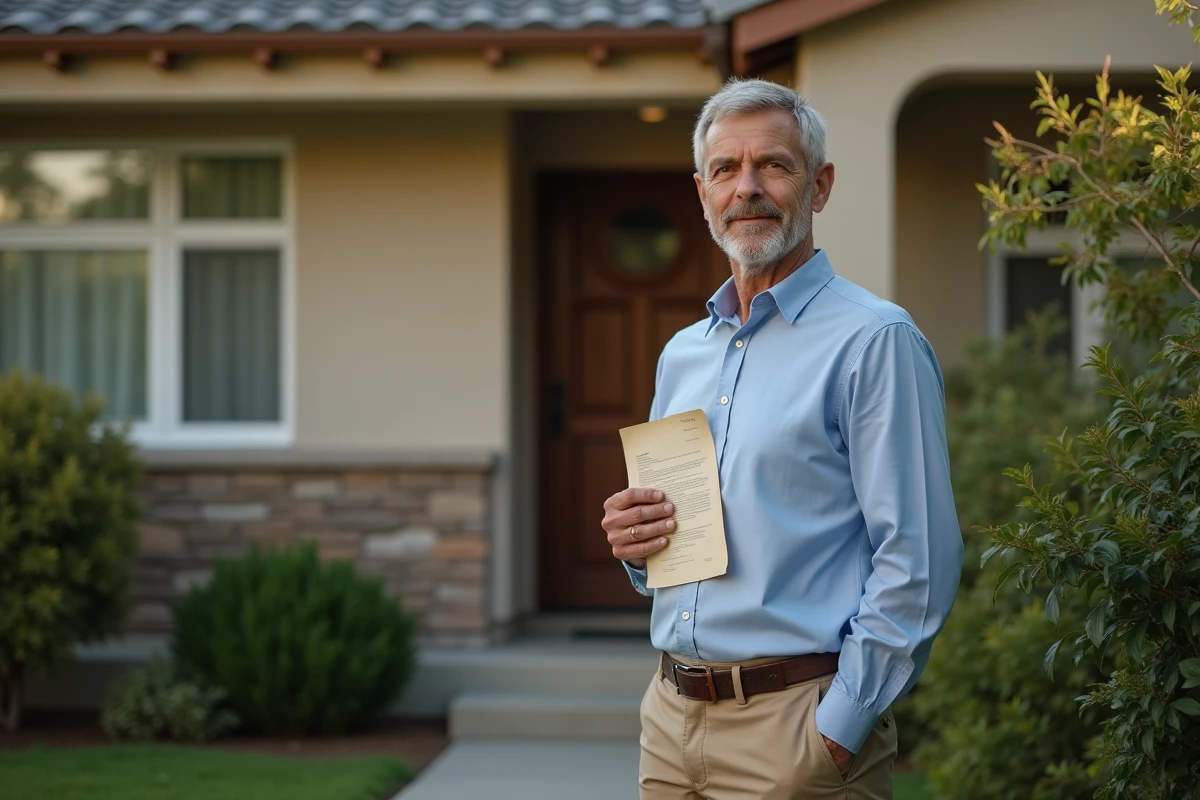 Homme tenant un acte de propriété devant sa maison