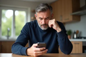 Homme d'âge moyen utilisant son smartphone dans la cuisine