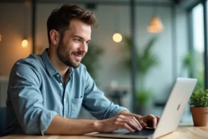 Homme d'affaires testant un site sur un ordinateur portable dans un bureau moderne