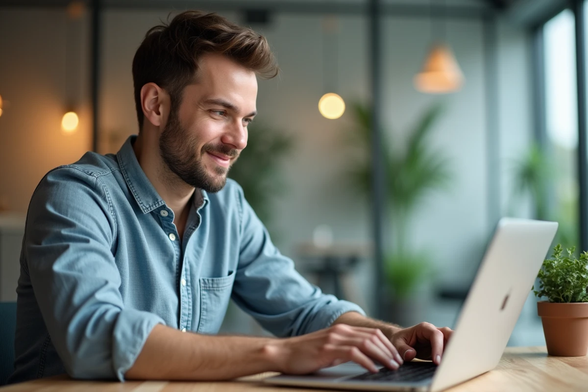 Homme d'affaires testant un site sur un ordinateur portable dans un bureau moderne