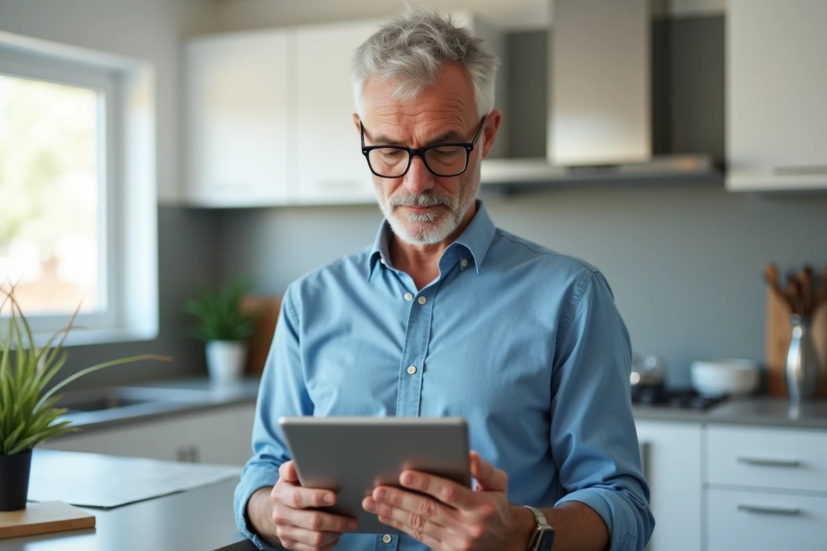 Homme vérifiant sa commande sur une tablette dans la cuisine