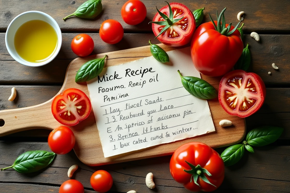 Bovenaanzicht van een houten plank met verse ingrediënten en een handgeschreven recept voor een kookworkshop