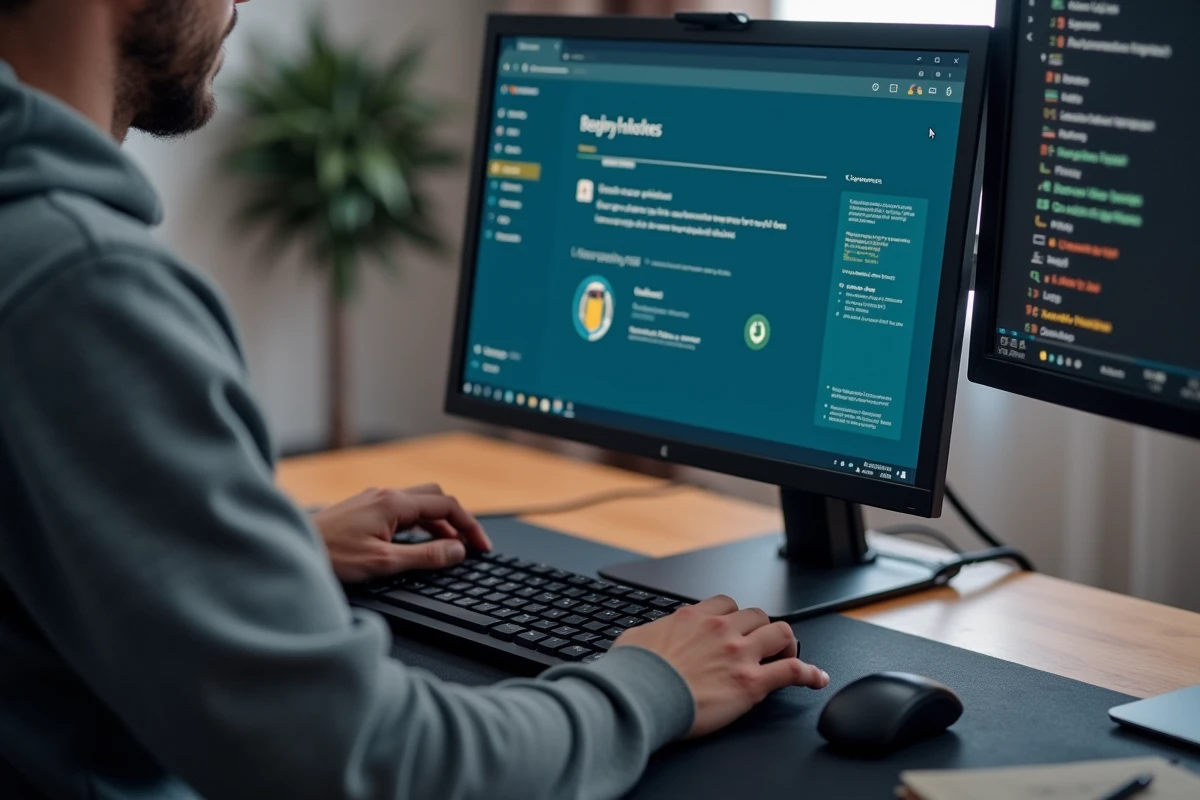 Gros plan sur l'interface de Microsoft Update Health Tools affichée sur un écran PC avec les mains d'un utilisateur sur le clavier