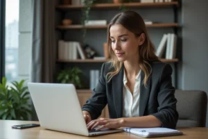 Jeune femme en bureau moderne travaillant sur son ordinateur