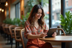 Jeune femme mode utilisant une tablette dans un café