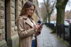 Jeune femme en trench beige consulte une tablette en extérieur