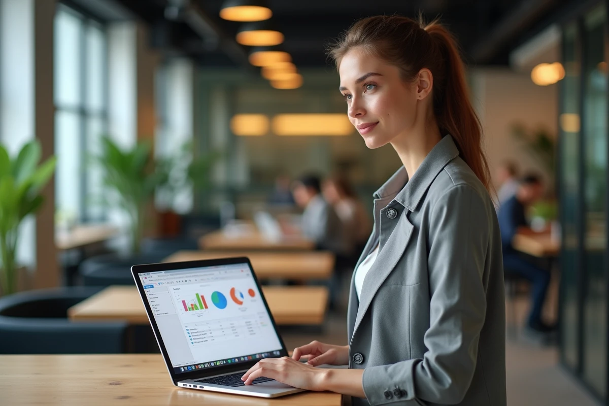 Jeune femme entrepreneure analysant une stratégie digitale