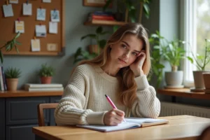 Jeune femme en sweater écrivant dans un journal cosy
