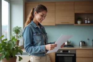 Jeune femme vérifiant un contrat de location dans un appartement moderne