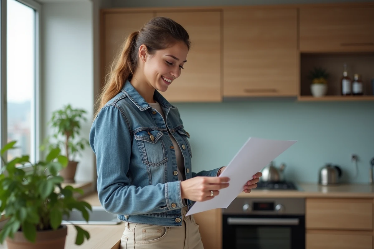 Jeune femme vérifiant un contrat de location dans un appartement moderne