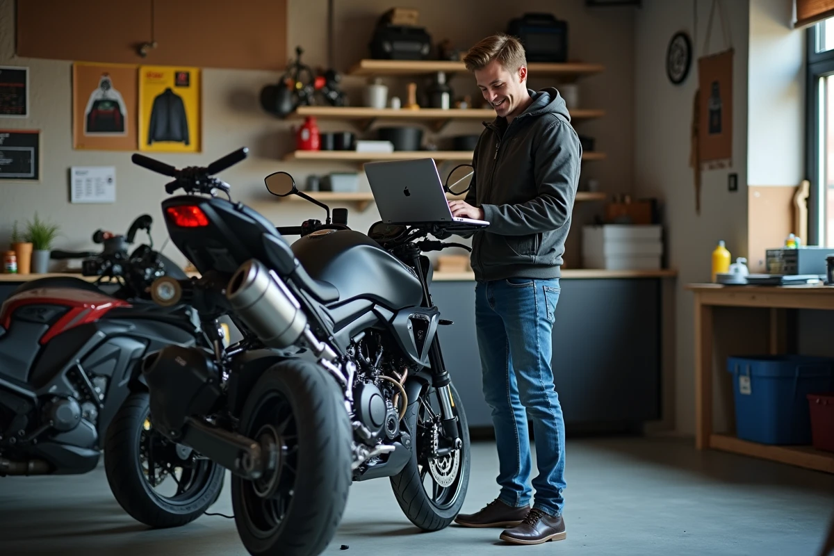 Jeune homme avec une Yamaha MT 125 en garage