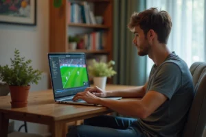 Jeune homme regardant un match de football sur son ordinateur
