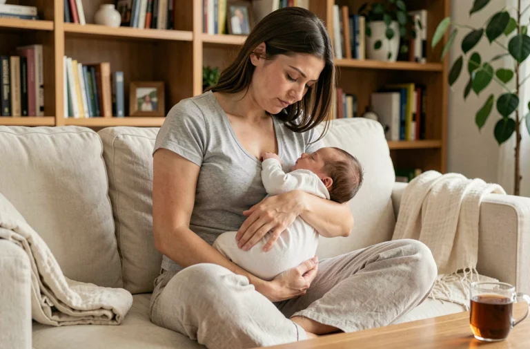 Jeune mère tenant tendrement son nouveau-né dans ses bras sur un canapé crème dans un salon chaleureux et authentique