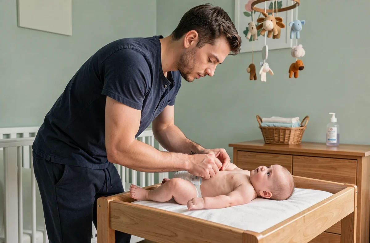 Jeune père changeant la couche de son bébé sur une table à langer en bois dans une chambre de bébé douce et organisée