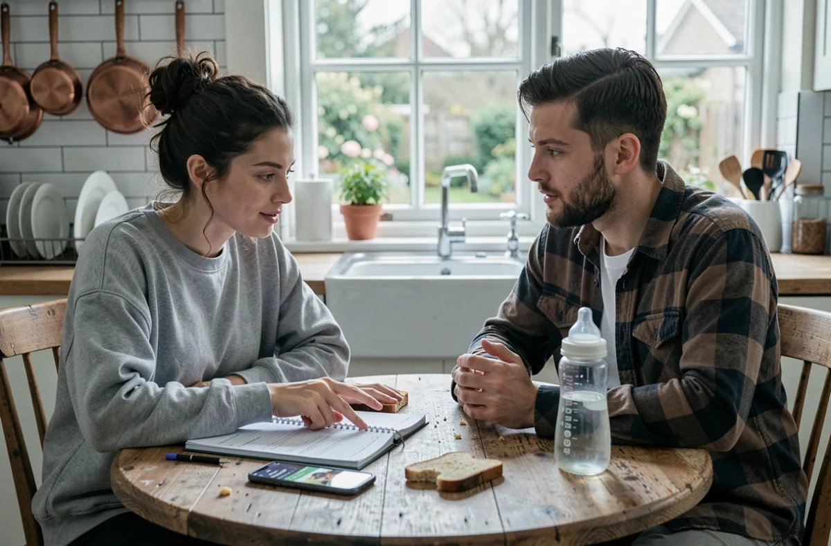 Deux jeunes parents discutant d'astuces parentales autour d'une table de cuisine avec un carnet, un biberon et un smartphone