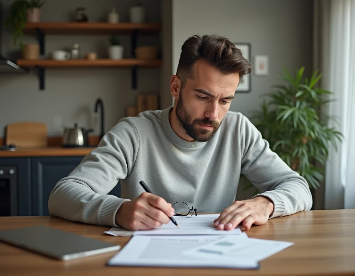 Locataire lisant attentivement un contrat de location immobilière à son domicile