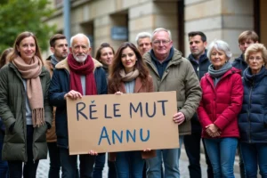 Groupe divers devant la mairie de Rennes avec banderoles