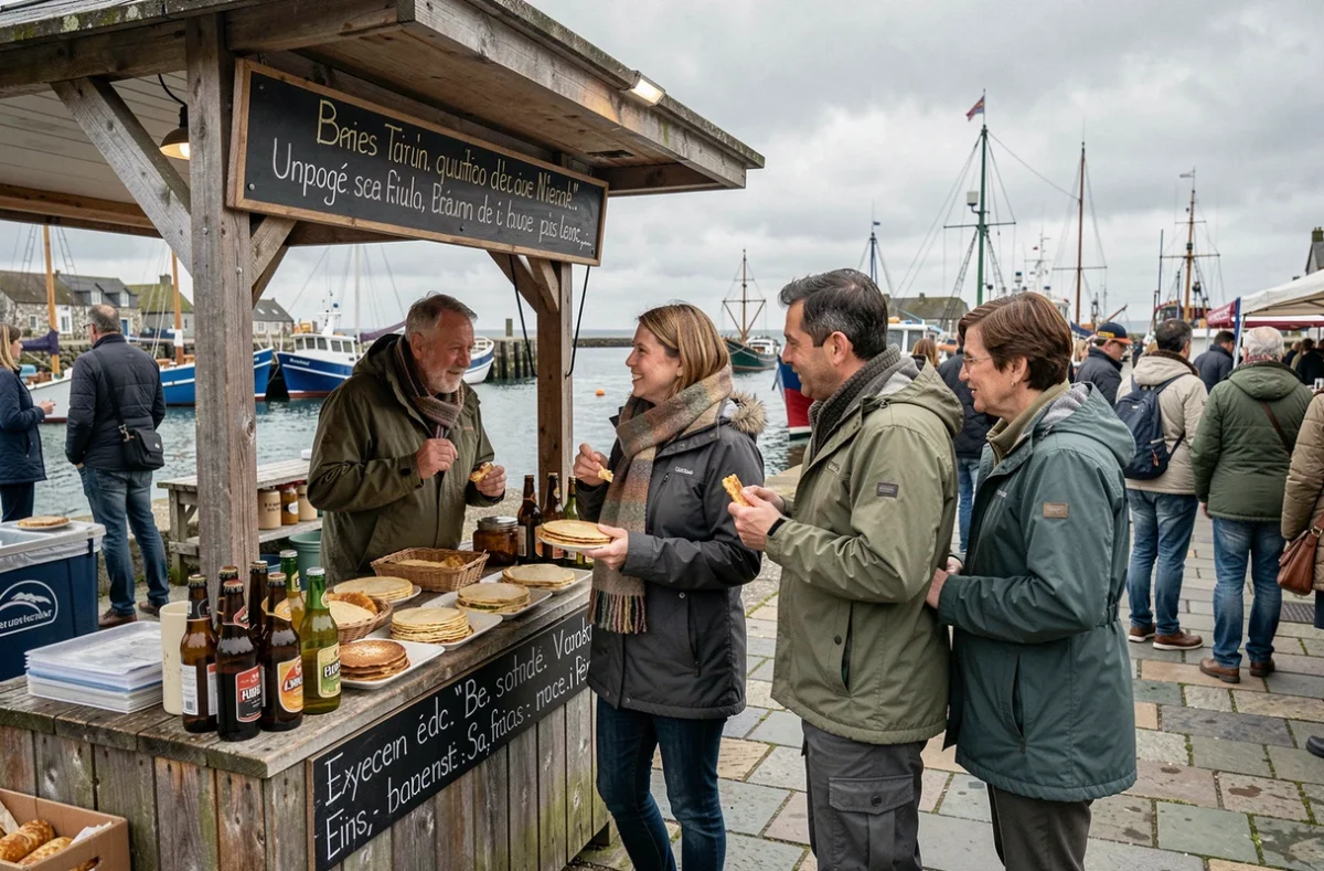 Groupe de visiteurs découvrant un marché breton avec crêpes et cidre au bord d'un port en Bretagne