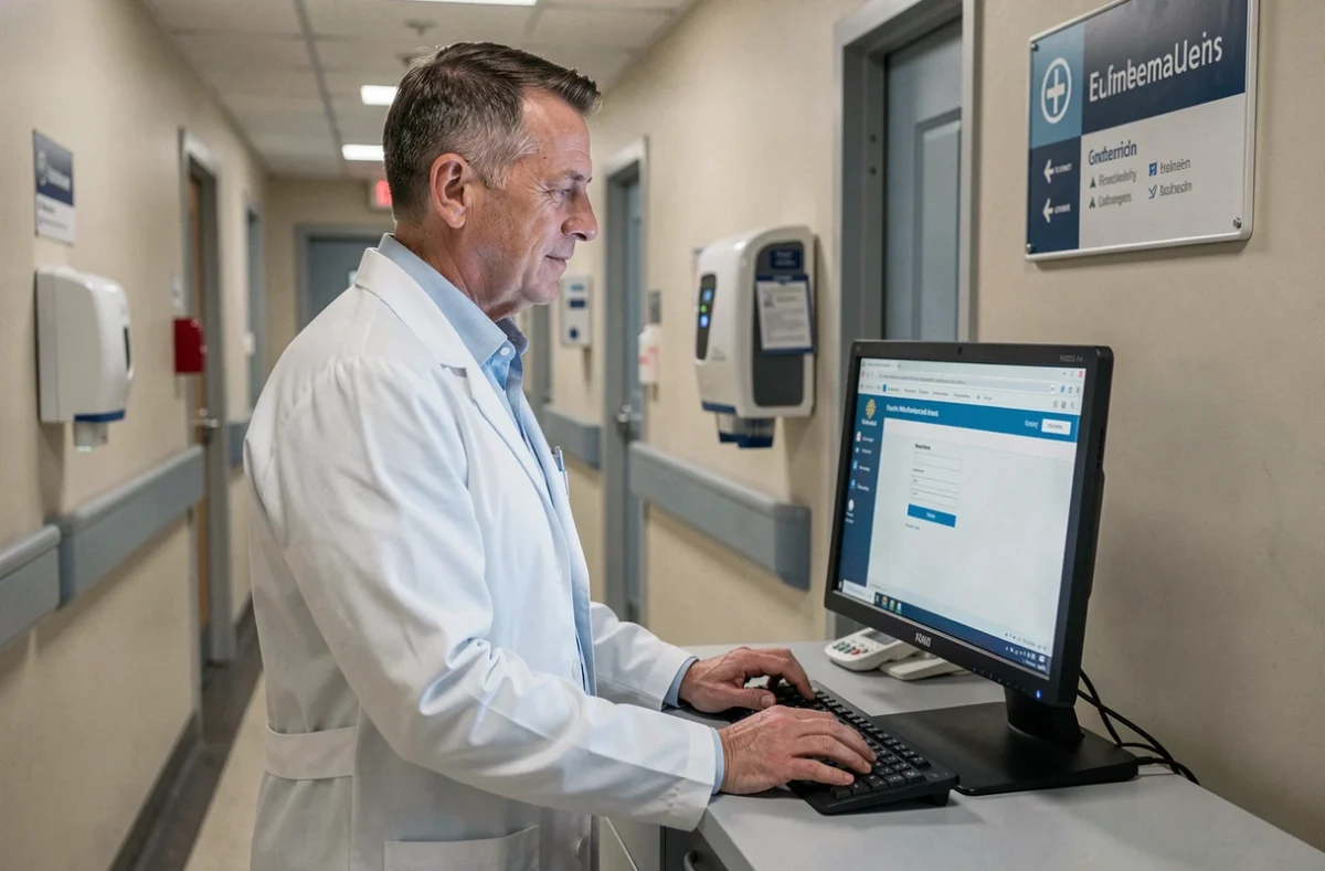 Médecin accédant à son espace Netsoins depuis un poste de travail dans un couloir d'hôpital