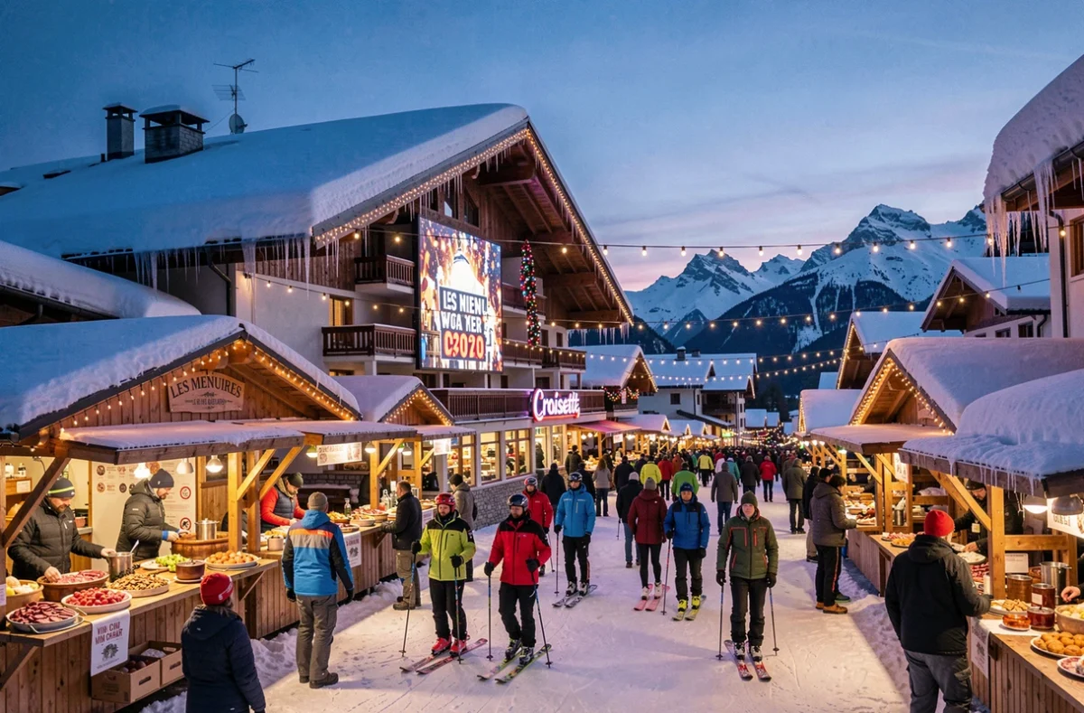 Village des Menuires décoré pour le Nouvel An avec la résidence Croisette illuminée et animée en station de ski