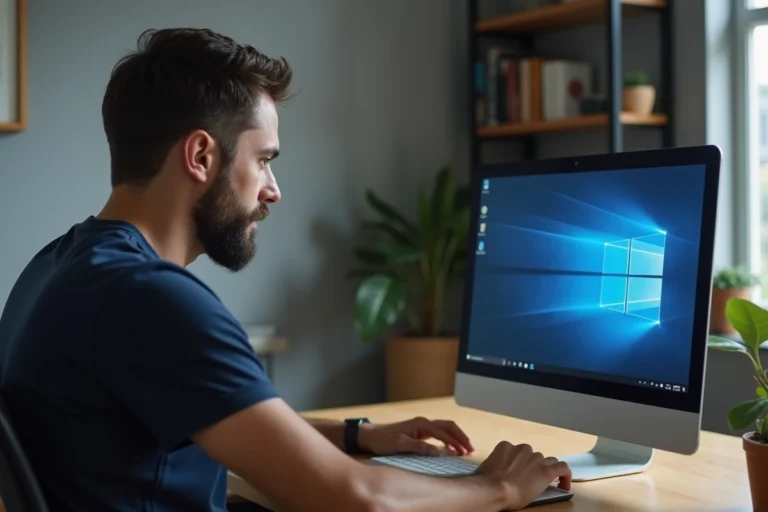 Homme utilisant Microsoft Update Health Tools sur un PC Windows 11 dans un bureau à domicile