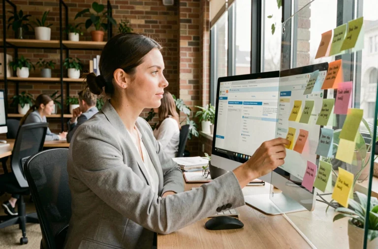Femme professionnelle organisant la structure d'un blog d'entreprise sur un écran d'ordinateur dans un bureau moderne