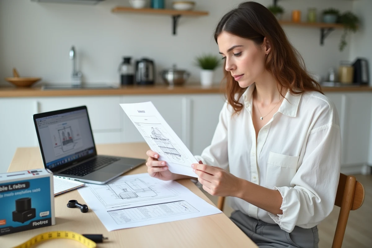 Femme consultant un schéma électrique et un tableau de calcul de section de câble pour l'installation d'une pompe de piscine