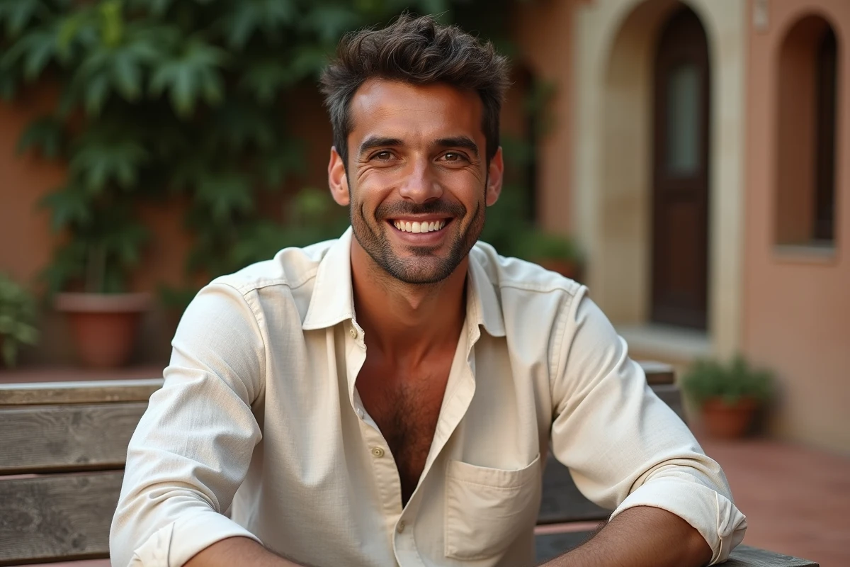 Homme charismatique et souriant dans une cour méditerranéenne, portrait naturel et élégant pour un article sur les plus beaux hommes du monde
